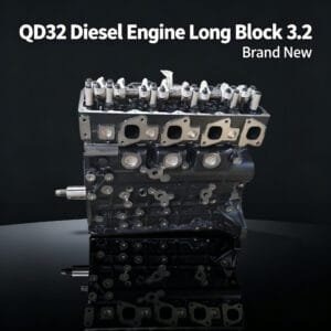 QD32 bare engine front view – Nissan 3.2L diesel head and block